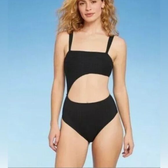 Shade & Shore Ribbed Cut Out One Piece Swimsuit Black M - Picture 1 of 7